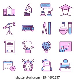 School color vector linear icons. Education outline illustrations pack. Microscope, backpack, globe pictograms. Books, timetable, telescope. School subjects. Learning thin line isolated symbols pack