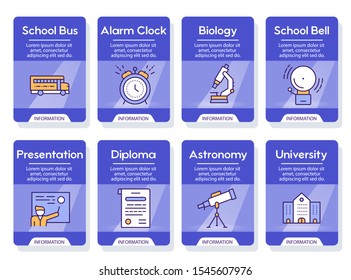 School color vector linear icons. Education outline illustrations pack. Microscope, backpack, globe pictograms. Books, timetable, telescope. School subjects. Learning thin line isolated symbols pack
