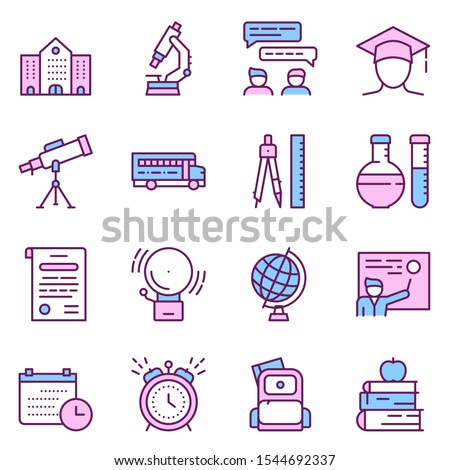 School color vector linear icons. Education outline illustrations pack. Microscope, backpack, globe pictograms. Books, timetable, telescope. School subjects. Learning thin line isolated symbols pack