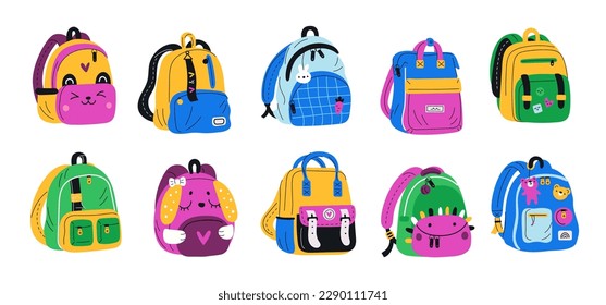 School colored backpacks. Bright kids college bags with patch pockets, keychains and badges. Children rucksacks. Students accessories elements. Garish vector isolated