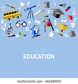 School colored composition with isolated icon set on light blue background and white title education vector illustration