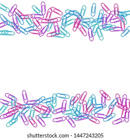 School colored paper clips isolated on white vector background. Pink, blue, violet paperclips memo note and documents staple attach tools illustration. Plastic paperclips backdrop.