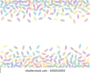 School colored paper clips isolated on white vector background. Red, blue, green, yellow paperclips memo note and documents staple attach tools illustration. Simple plastic paperclips.