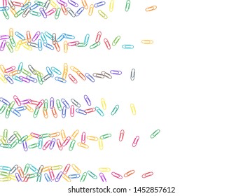 School colored paper clips isolated on white vector background. Rainbow colors and metal paperclips memo note and documents staple attach tools illustration. Plastic paperclips backdrop.