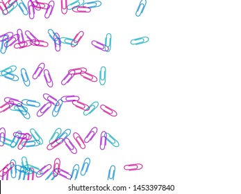 School colored paper clips isolated on white vector background. Magenta pink, blue, violet paperclips memo note and documents staple attach tools illustration. Plastic paperclips top view.