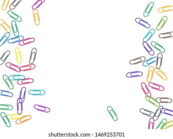 School colored paper clips isolated on white vector background. Rainbow colors paperclips memo note and documents staple attach tools illustration. Plastic paperclips pile.