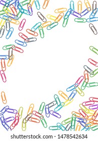 School colored paper clips isolated on white vector background. Red, blue, green, yellow paperclips memo note and documents staple attach tools illustration. Plastic paperclips pile.