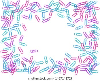 School colored paper clips isolated on white vector background. Magenta pink, blue cyan, violet paperclips memo note and documents staple attach tools illustration. Plastic paperclips top view.