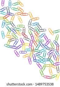 School colored paper clips isolated on white vector background. Red, blue, green, yellow paperclips memo note and documents staple attach tools illustration. Simple plastic paperclips.