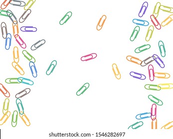 School colored paper clips isolated on white vector background. Pink red, blue, green, orange paperclips memo note and documents staple attach tools illustration. Plastic paperclips top view.
