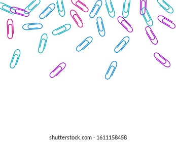 School colored paper clips isolated on white vector background. Magenta pink, blue cyan, purple paperclips memo note and documents staple attach tools illustration. Plastic paperclips backdrop.