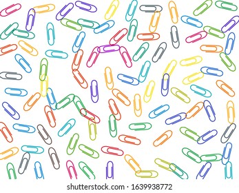 School colored paper clips isolated on white vector background. Purple, cyan blue, green, orange paperclips memo note and documents staple attach tools illustration. Plastic paperclips pile.