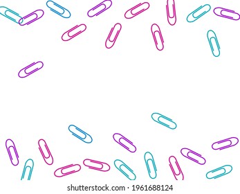 School colored paper clips isolated on white vector background. Magenta pink, blue, purple paperclips memo note and documents staple attach tools illustration. Plastic paperclips pile.