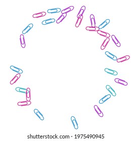 School colored paper clips isolated on white vector background. Pink, blue, violet paperclips memo note and documents staple attach tools illustration. Plastic paperclips pile.