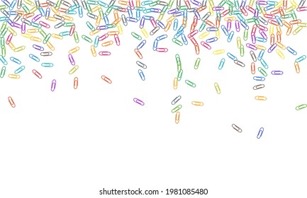 School colored paper clips isolated on white vector background. Red, blue, green, yellow paperclips memo note and documents staple attach tools illustration. Plastic paperclips top view.