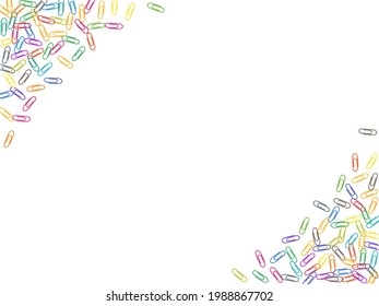 School colored paper clips isolated on white vector background. Rainbow colors and metal paperclips memo note and documents staple attach tools illustration. Plastic paperclips backdrop.