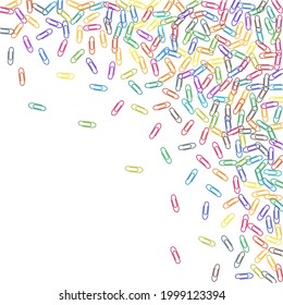 School colored paper clips isolated on white vector background. Rainbow colors paperclips memo note and documents staple attach tools illustration. Plastic paperclips pile.