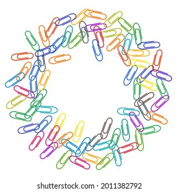 School colored paper clips isolated on white vector background. Pink red, blue, green, orange paperclips memo note and documents staple attach tools illustration. Simple plastic paperclips.