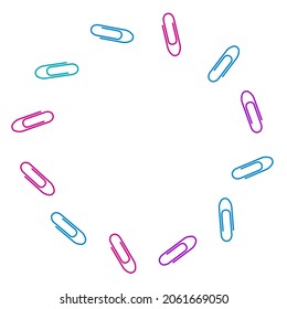 School colored paper clips isolated on white vector background. Pink, cyan blue, violet paperclips memo note and documents staple attach tools illustration. Plastic paperclips top view.