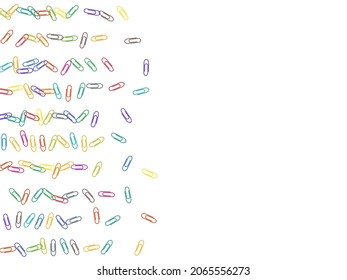 School colored paper clips isolated on white vector background. Red, blue, green, yellow paperclips memo note and documents staple attach tools illustration. Plastic paperclips pile.