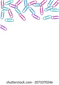 farbige Büroklammern einzeln auf weißem Vektorhintergrund. Magenta rosa, blau, violett-paperclips Memo Note and documents staple annece tools Illustration. Plastische Paperclips, Draufsicht.