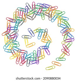 School colored paper clips isolated on white vector background. Red, blue, green, yellow paperclips memo note and documents staple attach tools illustration. Plastic paperclips pile.