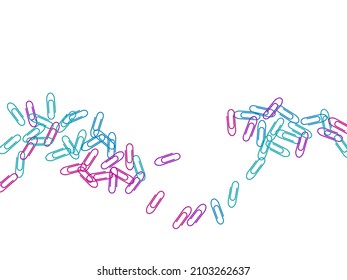 School colored paper clips isolated on white vector background. Pink, cyan blue, violet paperclips memo note and documents staple attach tools illustration. Plastic paperclips top view.