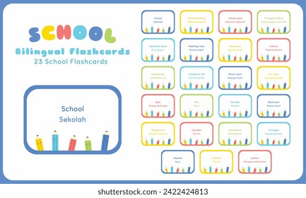Schulbunter Taschenvektorset. Gedruckte Schultafel für Kinder. Englisch Indonesische Sprache.