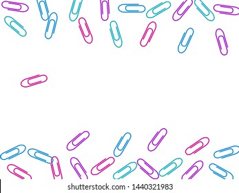 School colorful paper clips isolated on white vector background. Magenta pink, blue cyan, purple paperclips memo note and documents staple attach tools illustration. Plastic paperclips backdrop.