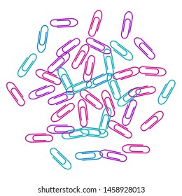 School colorful paper clips isolated on white vector background. Magenta pink, blue cyan, purple paperclips memo note and documents staple attach tools illustration. Plastic paperclips backdrop.