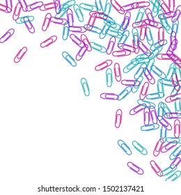 School colorful paper clips isolated on white vector background. Pink crimson, blue, violet paperclips memo note and documents staple attach tools illustration. Plastic paperclips pile.