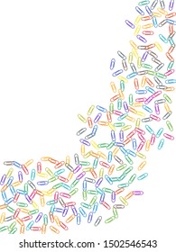 School colorful paper clips isolated on white vector background. Rainbow colors and metal paperclips memo note and documents staple attach tools illustration. Plastic paperclips backdrop.