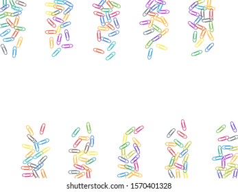 School colorful paper clips isolated on white vector background. Purple, cyan blue, green, orange paperclips memo note and documents staple attach tools illustration. Simple plastic paperclips.