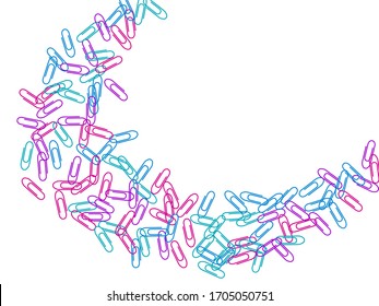 School colorful paper clips isolated on white vector background. Magenta pink, blue cyan, violet paperclips memo note and documents staple attach tools illustration. Plastic paperclips pile.
