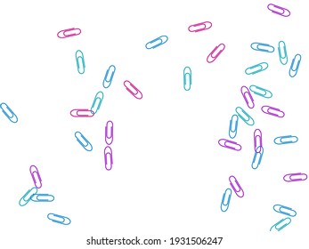 School colorful paper clips isolated on white vector background. Magenta, blue, purple paperclips memo note and documents staple attach tools illustration. Simple plastic paperclips.