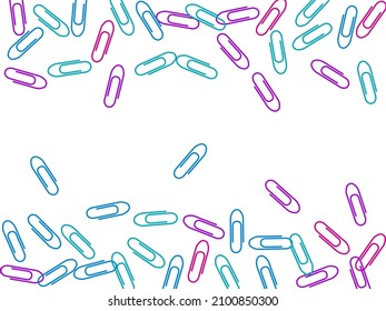 School colorful paper clips isolated on white vector background. Magenta pink, blue, purple paperclips memo note and documents staple attach tools illustration. Plastic paperclips pile.