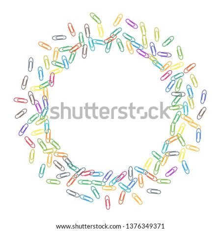 School colorful paper clips isolated on white vector background. Pink red, blue, green, orange paperclips memo note and documents staple attach tools illustration. Plastic paperclips pile.