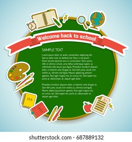 School colorful poster with circle text ribbon and paper supplies on light blue background isolated vector illustration