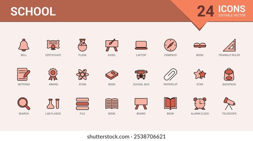 School colorful thin line icon set. Featuring button, graphic, language, globe, bus, design, education, physics. Outline icons pack. Editable vector stroke.