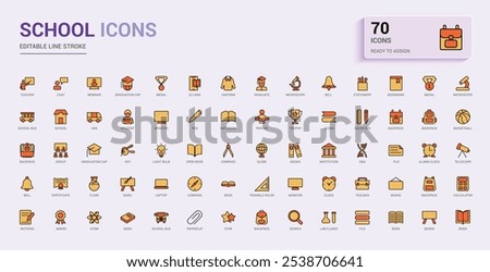 School colorful thin line icon set. Featuring button, graphic, language, globe, bus, design, education, physics. Outline icons pack. Editable vector stroke.