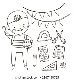 School coloring page with cute kid and school supplies on white background. Back to school black and white contour vector illustration for a coloring book.