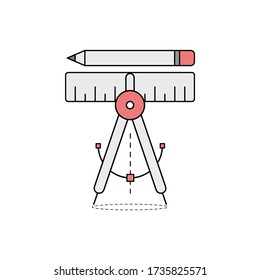 School compass icon. Divider, ruler and pencil. Geometry. Outline thin line flat illustration. Isolated on white background. 