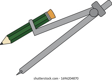 School compass with pencil. Cartoon compass