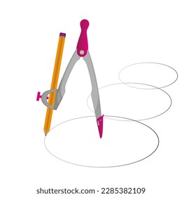 A school compass with a pencil draws circles. Vector illustration