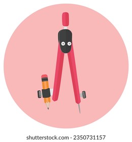 Ilustración vectorial de la brújula escolar. Imagen de clip de brújula. Herramienta para dibujar círculo. Suministros de oficina o escolares, vectores de papel. Objeto educativo. De vuelta al concepto escolar. Vector plano al estilo de las caricaturas.