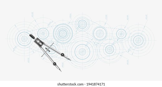 School compasses .School physics.Technical drawing of gears .Rotating mechanism of round parts. Machine technology. Vector illustration.