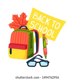 School composition from a backpack, glasses and the inscription Back to school. Vector illustration on a white background.