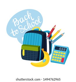 School composition from a school backpack, pencils and a calculator. Vector illustration on a white background.