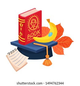 School composition from a book and scientist caps. Vector illustration on a white background.