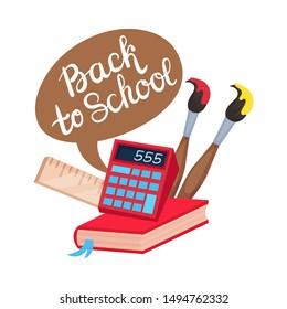 School composition from a calculator and the inscription Back to school. Vector illustration on a white background.